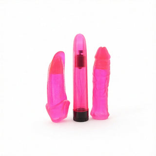 One hot pink vibrator and two interchangeable sleeves on a white background