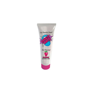 Tube of lickable lube in strawberry flavor with colorful design on a white background